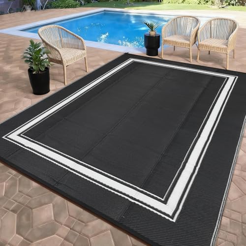 Garvee Outdoor Plastic Straw Rug 9x18 for Patios Modern Bordered Reversible Camping Carpet, Waterproof Outdoor Mat with 4 Stakes and Storage Bag for RV, Picnic, Backyard, Deck, Balcony, Porch, Beach - color: Border|black, size: 9' x 18' (Rectangular)