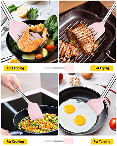 Pack of 2 Silicone Solid Turner, Non Stick Slotted Kitchen Spatulas, High Heat Resistant BPA Free Cooking Utensils, Ideal Cookware for Fish, Eggs, Pancakes(Pink) - color: Pink