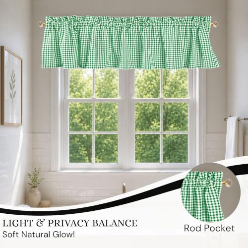 Mini Gingham Check Valance Curtains, 2 Pack, 54x18 Inches, 100% Cotton Rod Pocket Kitchen Window Valances for Farmhouse, Café, Bedroom, Bathroom and Living Room - Lemon Green - color: Lemon Green, Gingham, size: 18"W x 54"L (Pack of 2)