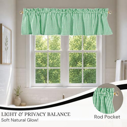 Mini Gingham Check Valance Curtains, 2 Pack, 54x18 Inches, 100% Cotton Rod Pocket Kitchen Window Valances for Farmhouse, Café, Bedroom, Bathroom and Living Room - Lemon Green - color: Lemon Green, Gingham, size: 18"W x 54"L (Pack of 2)