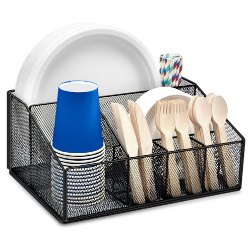 Paper Plate Holder for Countertop,Paper Plate Dispenser,Metal Silverware Caddy with 6 Compartments,Picnic and Camping Utensil Holder for Plates Cups Napkins Forks Knives Spoons-Black