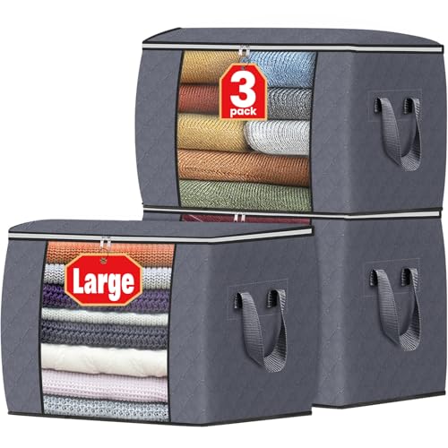 Fab totes 24 Gallons Clothes Storage, Foldable Thick Fabric Blanket Storage Bags, Containers for Organizing Bedroom, Closet, Clothing, Comforter, Organization with Handle (3 Pack,Grey) - color: Grey, size: 3 Pack-90l