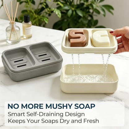 AIMAIAIMAI 2-Compartment Shampoo Bar Holder | Slotted Soap Dish with Drainage Tray for Bar Shampoo and Conditioner (1-Pack, White) - color: White