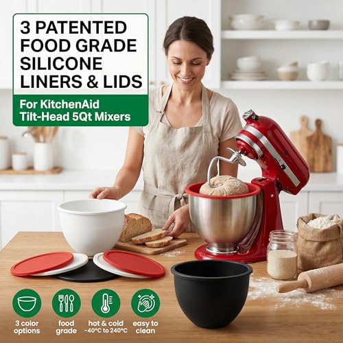 Silicone Bowl Liners for 5 Qt Stand Mixers, 3 Pack Reusable Nonstick Mixing Bowl Covers with Lids, Food Grade Silicone Mixer Liners, Kitchen Accessories for Baking Tools