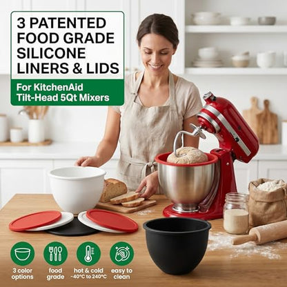 Silicone Bowl Liners for 5 Qt Stand Mixers, 3 Pack Reusable Nonstick Mixing Bowl Covers with Lids, Food Grade Silicone Mixer Liners, Kitchen Accessories for Baking Tools