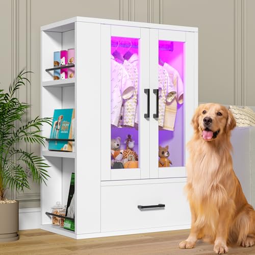 kepptory Pet Wardrobe Closet with LED Light, Side Storage Shelves & Drawer, White Pet Clothes Organizer Cabinet with Hanging Rod, Multi-Functional Pet Closet for Dogs & Cats Clothing, Toys - color: White