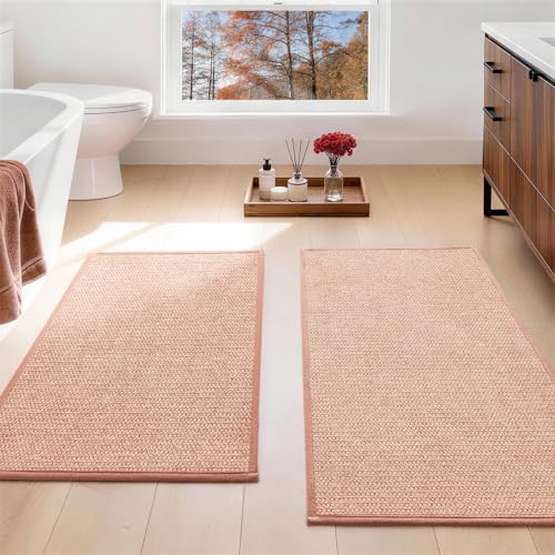 YIHOUSE Pink Bathroom Rugs Sets 2 Piece, Quick Dry Thin Bath Mat, Non Slip Absorbent Machine Washable, Bath Rugs for Bathtub Sink Home Decor (17"x24" + 17"x32") - color: Pink, size: 17"x24"+17"x32"
