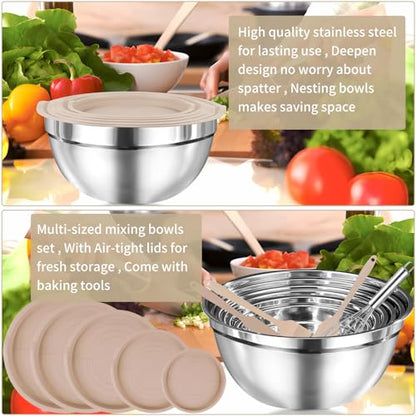 WEPSEN Mixing Bowls Set, 25PCS Khaki Mixing Bowls With Lids Set Stainless Steel Kitchen Large Nesting Metal Bowl 7QT to 1.5QT, Measuring Cups and Spoons for Prepping Cooking Serving - color: Khaki Bowls Set