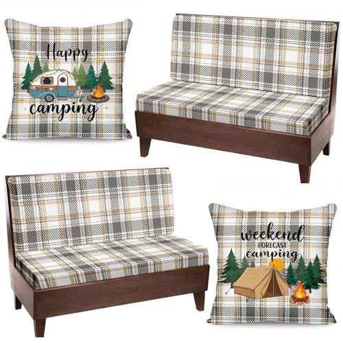6 Pcs RV Dinette Cushion Covers Set Grey Gold Plaid Camper Cushion Covers Replacement Soft Washable RV Happy Camping Seat Cover for Travel Trailer Motorhome Booth Dinette Camper Interior Decor - color: Grey Plaid