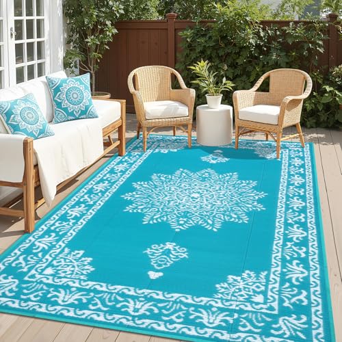 Yamaziot Outdoor Rug 6x9 Ft, Waterproof Plastic Straw Patio Rug, Reversible Backyard Carpet UV Resistant Portable RV Mat Clearance, Large Indoor Outdoor Rug for Patio, Porch, Deck, Balcony, Teal - color: Teal&white, size: 6' x 9'