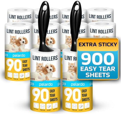 Lint Rollers 2 pcs, 900 Sticky Sheets, Extra 8 Spare Rollers/Hair Remover for Clothes, Furniture, Couch, Carpet, Dog Hair Remover, Cat Hair Remover, Animal Fur, Fuzz - size: 10 Count - 900 Sheets
