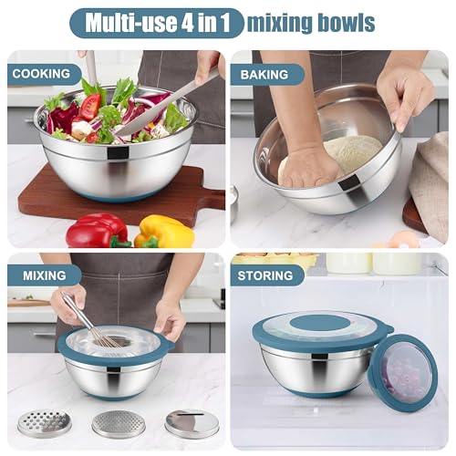 E-far Mixing Bowls with Lids Set, 15PCS Stainless Steel Mixing Nesting Bowls with Colander and 3 Metal Graters for Kitchen, Non-Slip Bottom & Airtight Transparent Lid, 4.6, 3, 1.5, 1, 0.7QT, Blue - color: Blue