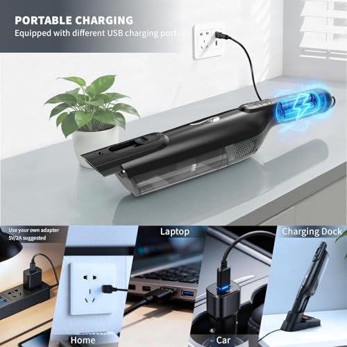 Cordless Handheld Vacuum, Lightweight Portable Hand Vacuum Cleaner with LED Light,Rechargeable Hand Held Vacuum with One-Touch Empty, Powerful Suction for Office, Home,Car,Raven