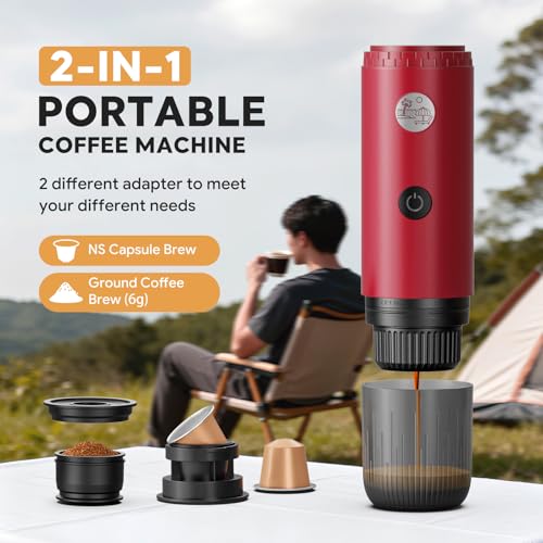 Portable Espresso Machine, Travel Coffee Maker for Camping, Car Coffee Maker Self-Heating with USB-C, 20 Bar 2-in-1 Electric Coffee Maker With Ground Coffee & NS Capsule for RV, Hiking, Office(White) - color: RED