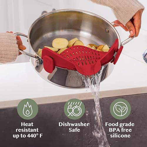 Kitchen Gizmo Snap N Strain Silicone Pot Strainer - Adjustable Clip-On Pasta Strainer for Pots, Pans, and Bowls - Large Red Kitchen Colander - color: Red