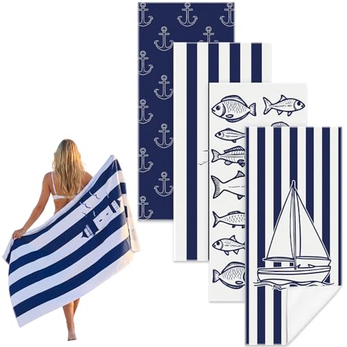 Frienda 4 Pack Microfiber Oversized Lightweight Beach Towel 71x32 in for Women Men Microfiber Quick Dry Sand Free Ocean Coastal Towels for Beach Pool Travel(Nautical) - style: Nautical