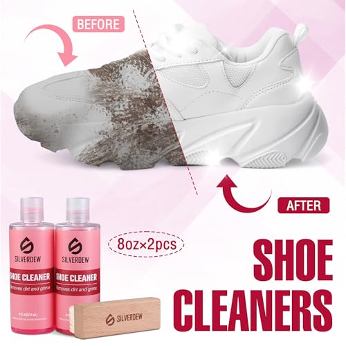 4PCS Shoe Cleaning Kit, Shoe Cleaner 8oz *2 Bottles, Sneaker Cleaner, Nylon Brushes & Microfiber Towel for Leather, Canvas, Mesh, Rubber & Synthetic Materials, Pink