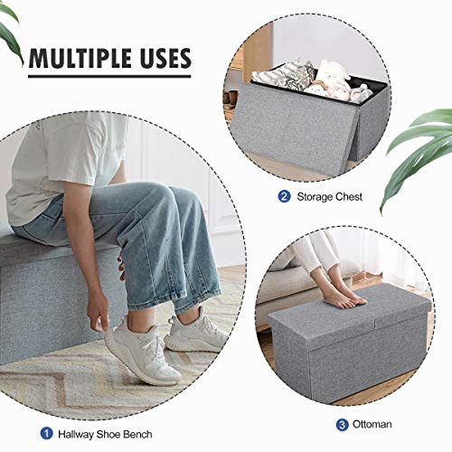 Folding Storage Ottoman w/Flipping Lid, End of Bed Bench, Fabric Shoe Bench w/Padded Seat, Upholstered Foot Rest Stool, Storage Box for Living Room, Bedroom, Entryway (Silver)