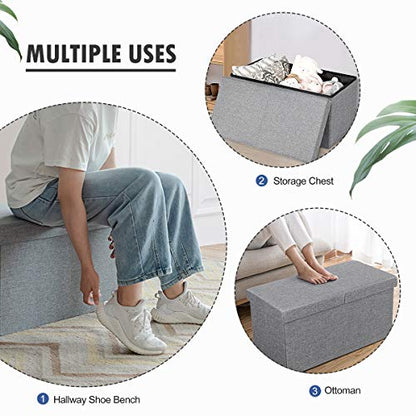Folding Storage Ottoman w/Flipping Lid, End of Bed Bench, Fabric Shoe Bench w/Padded Seat, Upholstered Foot Rest Stool, Storage Box for Living Room, Bedroom, Entryway (Silver)