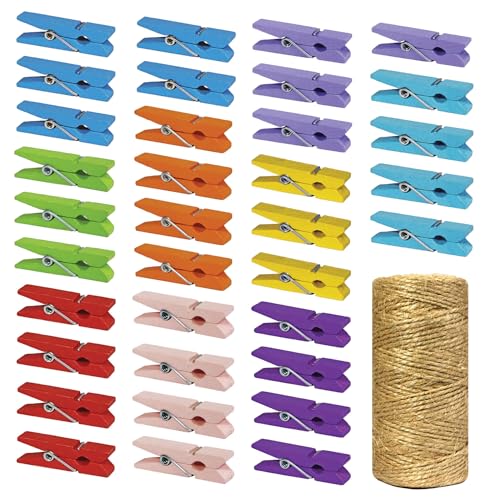 Mini Natural Wooden Clothespins with Jute Twine, 100pcs, 1.4 Inch Photo Paper Peg Pin Craft Clips with 320ft Natural Twine for Scrapbooking, Arts & Crafts, Hanging Photos (Assorted Colors) - color: Colored