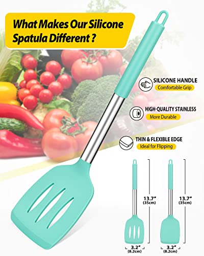 Pack of 2 Silicone Solid Turner, Non Stick Slotted Kitchen Spatulas, High Heat Resistant BPA Free Cooking Utensils, Ideal Cookware for Fish, Eggs, Pancakes(Green) - color: Green