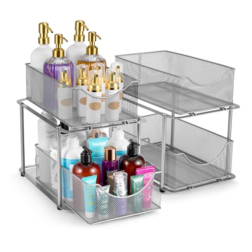 Sorbus 2 Sets of 2 Tier Metal Under Sink Organizer for Bathroom, Kitchen, Strong Steel Mesh Sliding Drawers for Under Sink, Under Cabinet, Closet, Kitchen, Pantry, Bathroom Organizers and Storage - color: Silver, size: 2 Pack