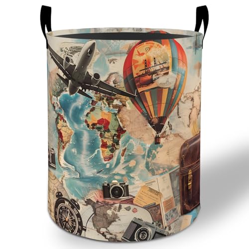 Vintage Travel Laundry Basket Hamper 19.7"x15.8", World Map Foldable Waterproof Oxford Clothes Storage Bucket for Room Bathroom Bedroom Nursery Decor, Toy Organizer Bins Gifts for Kids Boys Girls - style: Vintage Travel