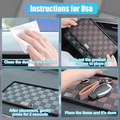 Car Dashboard Non-Slip Mat, PVC Grid Multifunctional Auto Storage Tray, Universal Vehicle Organizer Sticky Gripping Pad for Smartphone, GPS, Keys, Sunglasses, Number Plate (Black Grey)