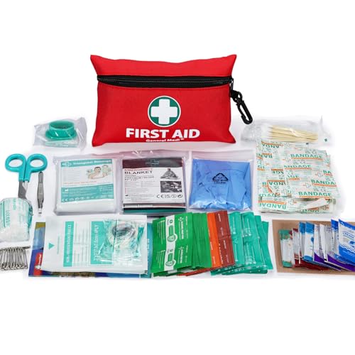 General Medi Mini First Aid Kit, 150 Piece Small First Aid Kit - Includes Emergency Foil Blanket, Scissors for Travel, Home, Office, Vehicle, Camping, Workplace & Outdoor (Red) - size: 150 Pieces