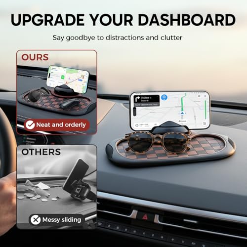 Multifunction Car Anti Slip Mat, 360° Rotatable Phone Holder Dashboard Pad with Temporary Parking Number, Anti Skid Organizer for Phone Sunglasses Keys (Brown-Gray Checkered Pattern) - color: Brown-Gray Checkered Pattern