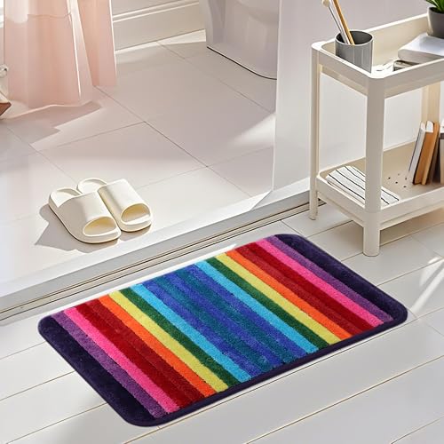 NIENLCIP Colorful Rainbow Striped Non Slip Microfiber Bathroom Rug 20"x32" | Soft plush microfiber, vibrant rainbow striped design, absorbent quick dry, washable, non slip backing for wet shower floors - color: Striped Rainbow, size: 1'8" x 2'8" (Rectangu