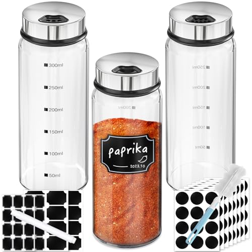 Segarty Glass Spice Jars, 3 Pack 10oz Large Spice Jar with Labels, Spice Container with Adjustable Shaker Lids, Salt Pepper Shakers Set Seasoning Bottles with 136 Stickers, 1 Chalk Marker and 1 Brush - size: 10oz / 300ml