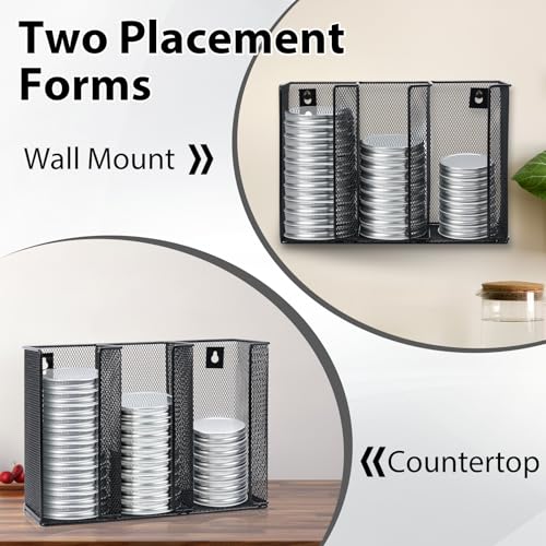 Wall Mounted Mason Jar Lid Organizer Metal Mason Jar Lid Holder 3-Compartment Mason Jar Lid Rack Vertical Mason Jars Lid Storage Wide Mouth Canning Lid Holder for Kitchen Countertop