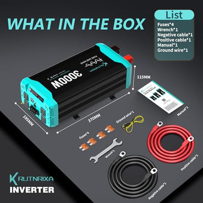 3000W Pure Sine Wave Inverter Peak 6000w 12V DC to 120V AC for RV, Truck, Off-Grid, Home, Solar Car Power Inverter with Dual AC Hardwire Port, 20A Socket, 5V 2.1A USB - size: Pure sine 3000W