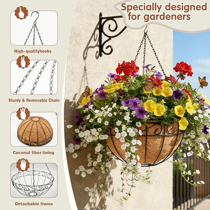 14 inch Metal Hanging Baskets For Plants Outdoor 4 Pack Round Metal Wire Hanging Basket Planter with Coco Fiber Liners Chain Round Wire Plant Holder for Garden, Patio, Deck, Porch Plants Flower Potss - size: 14 Inch, style: Flower Border