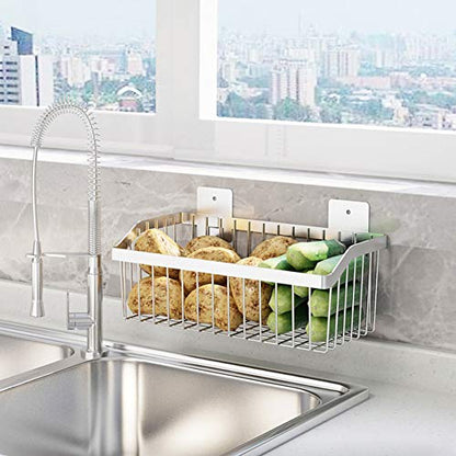 2PCS Kitchen Storage Metal Wire Fruit Basket - SUS304 Stainless steel Organizer Storage Bin Baskets for Bathroom - Space Saving Design for Pantry Organization, Spice Rack,Self Adhesive（Silver） - size: 11.8Inch 2PCS