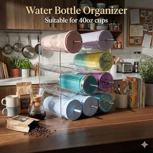 Stackable Water Bottle Organizer for Cabinet, Plastic Bottle Holder Designed for Starbucks Studded Tumblers up to 40oz, Plastic Cup Holder&Wine Rack for Pantry,Cupboard- 4 Layers Hold 12 Bottles - size: 4 layers