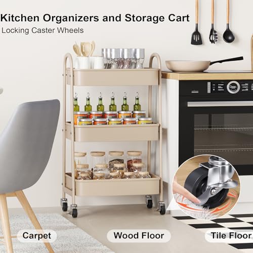 Beige 3 Tier Rolling Cart Metal on Wheels, Three Tiered Storage Organizer Utility Trolley with Wheels for Art, Craft, Baby Diaper Caddy, Snack, Book, Nail, Lash, Cleaning Supplies, Kitchen, Bathroom - color: Light Beige