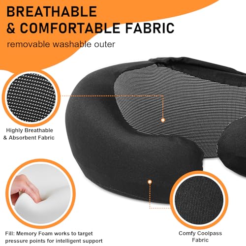 Travel Pillow Blanket Set - Hooded Neck Pillows Airplane with Portable Bag Earplugs, Memory Foam Filling, Long Flights Trip Essentials for Plane, Office, Cars Sleeping