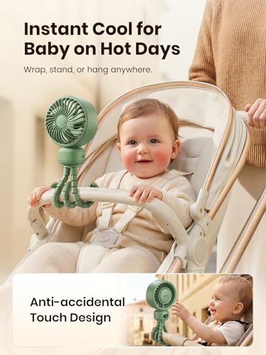 Warmco Portable Stroller Fan, 4000mAh Rechargeable Clip On Fan with Flexible Tripod (Up to 15H), 4 Speeds, LED Display, Detachable Grille, Quiet Operation, for Car Seat, Crib & Treadmill - color: Green