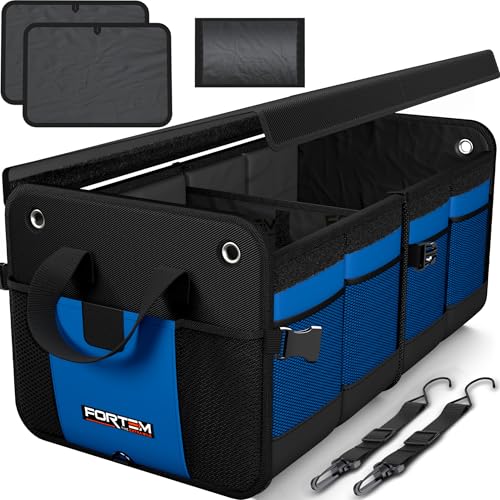 FORTEM Trunk Organizer For SUV Car Organizer and Storage, Collapsible Multi-Compartment Storage Bag Car Accessories for Women Men, 1680D Oxford, Non Slip Bottom, Adjustable Straps, Soft Cover (65L) - color: Blue, size: Large (65L)