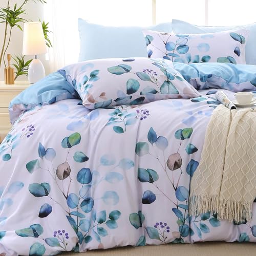 MUXHOMO Full Comforter Set, Blue Elegant Floral Print Bed in a Bag 7 Pieces, Ultra Soft & Breathable Reversible Botanical Pattern Bedding Set with Comforter, Sheets, Pillowcases, and Shams - color: Blue Flower, size: Full(82"x86")
