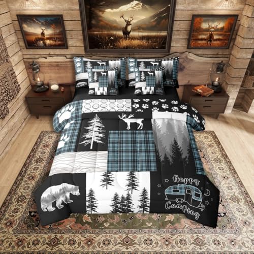 Erosebridal 7Pc Rustic Cabin Bear King Bedding Sets, Hunting Deer Country Farmhouse Comforter Set, RV Camper Decor Camping Quilt Blue Black Patchwork Checker Bed in a Bag (Fitted + Flat Sheet) - color: Black Light Blue, size: King