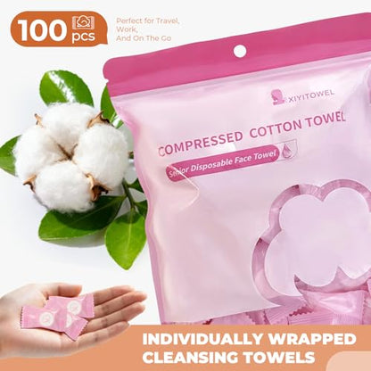 Classycoo Compressed Towel 100 PCS Mini Tablets Disposable Portable Face Towel Cotton Coin Tissue Eco-Friendly for Travel, Camping, Hiking, Sport, Beauty, Home Hand Cloths, Outdoor Activities Pink - size: 1 Count (Pack of 100), style: Large (Pink)