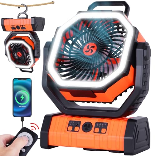 20000mAh Emergency Battery Powered Fan & LED Light, Battery Operated Rechargeable Fan for Power Outage, Car Defrosting, Indoor Use with 360° Oscillating & Hook, 8H Timer, Portable Camping Fan