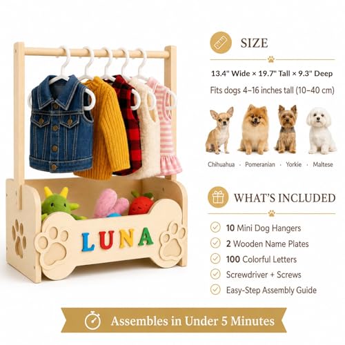 Personalized Dog Wardrobe for Small Dogs – Wooden Clothes Rack with 10 Hangers, DIY Name Plate & Toy Bin | Unique Dog Mom Gift for Chihuahua Yorkie Pomeranian