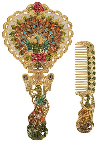 Nerien Antique Mirror Comb Set - Vintage Metal Embossed Rose Handheld & Tabletop Stand Makeup Mirror - Peacock Heart-Shaped - Gold - color: D - Gold