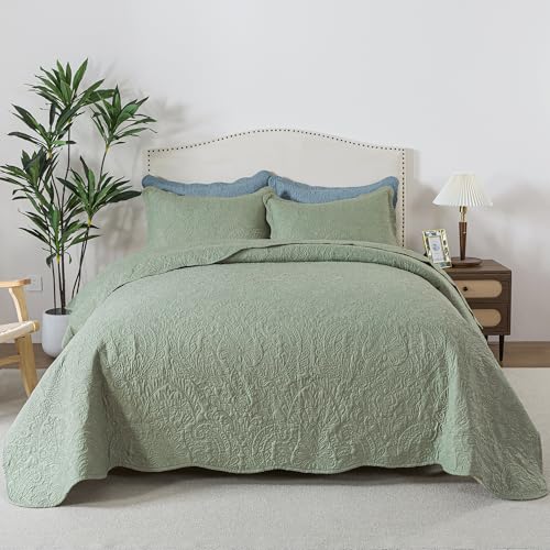 HoneiLife Queen Quilt Bedding Sets - Microfiber Quilt Sets for Queen Bed, 3-Piece Lightweight Bedspreads,Reversible Coverlets Rustic Bedlinen Sets, Embroidered Bedding Sets All Season Quilts - color: Pickle Green, size: Queen/Full-90"x96"