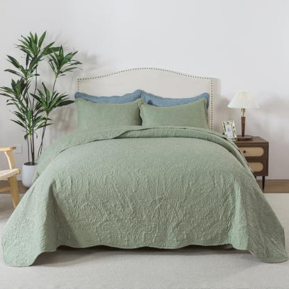 HoneiLife Queen Quilt Bedding Sets - Microfiber Quilt Sets for Queen Bed, 3-Piece Lightweight Bedspreads,Reversible Coverlets Rustic Bedlinen Sets, Embroidered Bedding Sets All Season Quilts - color: Pickle Green, size: Queen/Full-90"x96"