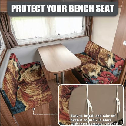 Bear Hibiscus Pattern 3 Pcs RV Dinette Cushion Covers Anti-Slip Camper Cushion Slipcover Stretch 2 Seat Sofa Chair Covers 1 Backrest Cover 1 Bench Cover and 1 Pillowcase - color: Bear Hibiscus
